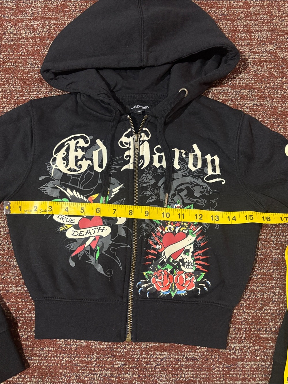 Ed Hardy cropped zip up hoodie graphic logo y2k style sweatshirt skull heart Xs - Picture 9 of 12
